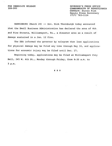 SBA declared Williamsport disaster area due to January 12 fire