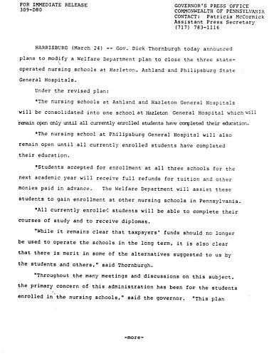 Plans to modify Welfare Department plan to close 3 state-operated nursing schools