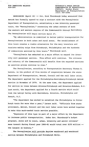 Contract between AMTRAK and PennDOT establishing the "Pennsylvanian"