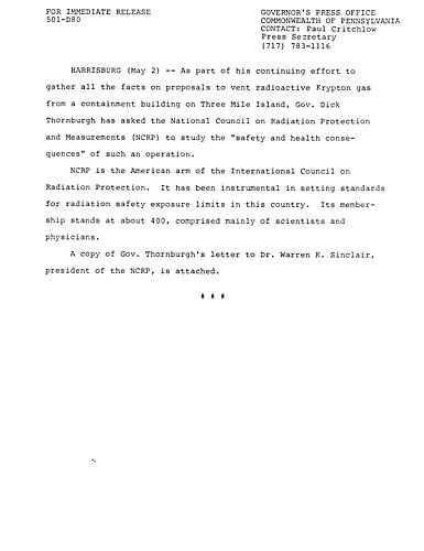 Asks National Council on Radiation Protection and Measurements to study effects of Three Mile Island (TMI) venting proposal
