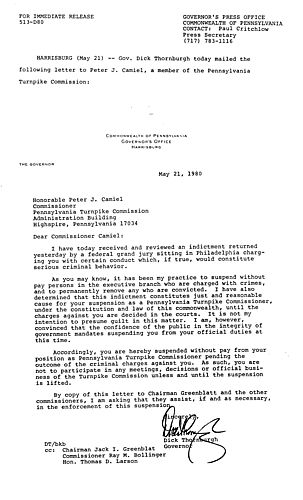 Letter to Peter J. Camiel, Turnpike Commission member