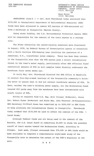 DER allocates funds to remove PCB-saturated oil from warehouse in Youngsville, PA