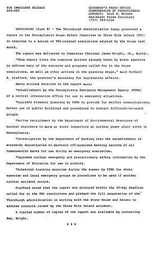 Presents Three Mile Island (TMI) Report to PA House Select Committee