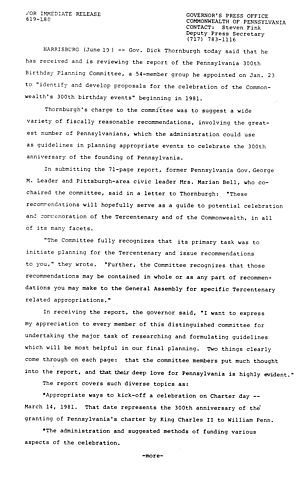 Receives PA 300th Birthday Planning Committee Report
