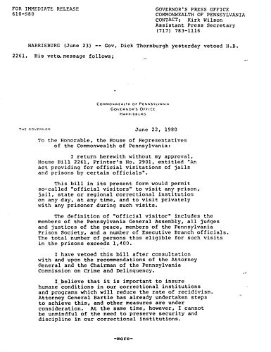 VETO: H.B. 2261 provides official visitations of jails and prisons by certain officials