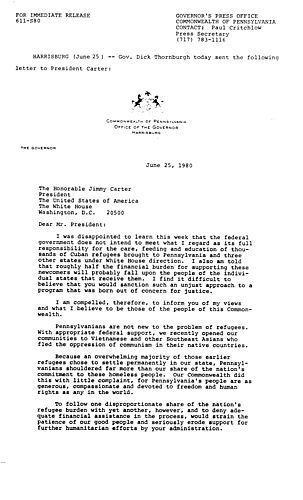 Letter to President Jimmy Carter re Cuban refugees