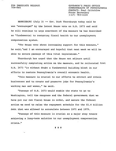 Is encouraged by House vote on H.B. 1673, Unemployment Compensation