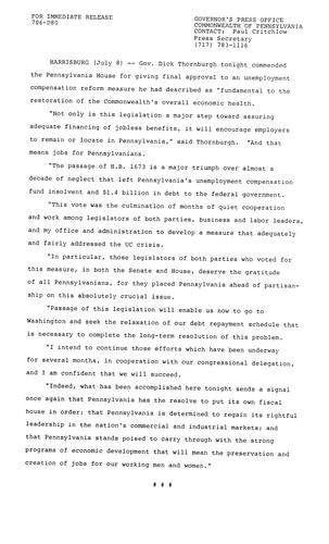 Commends House for passage of H.B. 1673, Unemployment Compensation