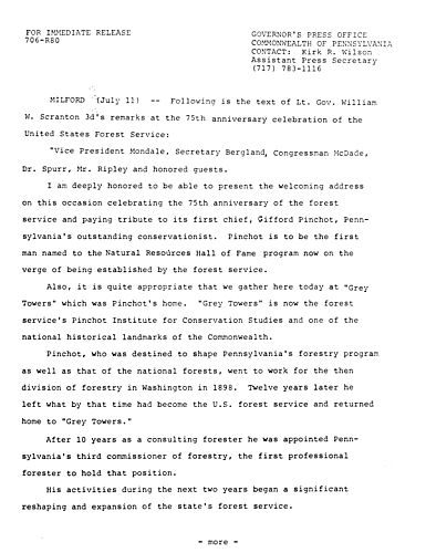 Lt. Governor Scranton's remarks at the 75th Anniversary of the U.S. Forest Service