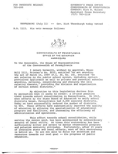 VETO: H.B. 1111, School Districts Consolidation
