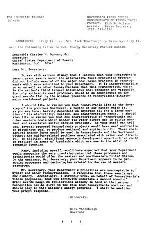 Letter to U.S. Secretary of Energy Charles W. Duncan, Jr.
