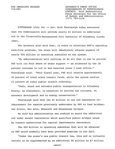 Announces state will provide additional aid to Port Authority of Allegheny County