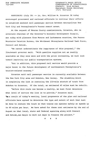 Lt. Governor Scranton encourages officials to establish weekend rail passenger service between N.Y.C. and Poconos