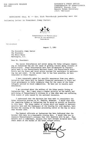 Letter to President Jimmy Carter regarding Cuban refugees