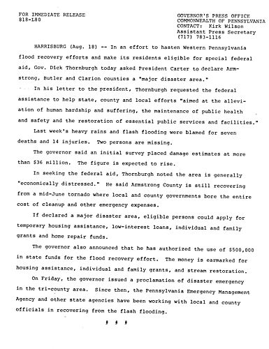 Asks President Jimmy Carter to declare Armstrong, Butler, and Clarion Counties a "major disaster area"