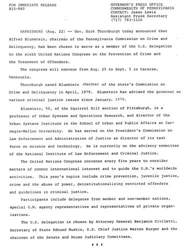 Alfred Blumstein chosen to serve as member of U.S. Delegation to sixth United Nations Congress on Prevention of Crime and Treatment of Offenders