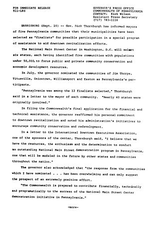 National Main Street Center selects 5 PA communities as "finalists" for special program of economic revitalization
