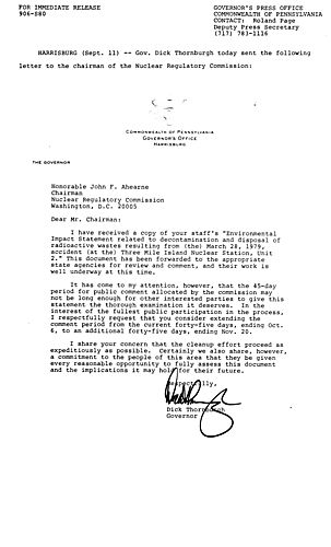 Letter to NRC Chairman regarding disposal of radioactive wastes from Three Mile Island (TMI) and extending public participation period