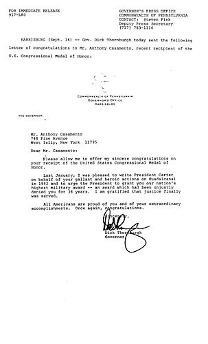 Letter to Mr. Anthony Casamento re. U.S. Congressional Medal of Honor