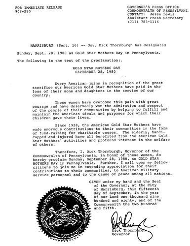 Statement: Gold Star Mother's Day