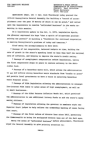 Praises 1979-80 PA General Assembly