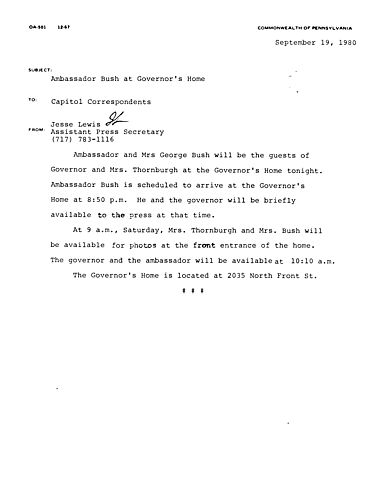 News advisory: Ambassador and Mrs. George Bush guests of Governor and Ginny Thornburgh