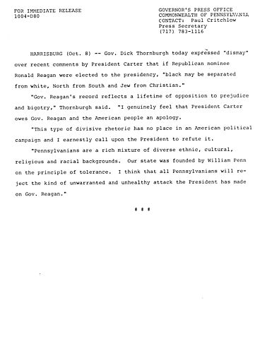 Dismay over comments by President Carter about Ronald Reagan