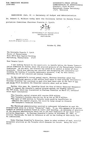Letter from Budget and Administration Secretary Robert Wilburn to Senate Transportation Committee Chairman Francis J. Lynch