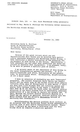 Letter to Representative Merle H. Phillips re. Bainbridge Street Bridge