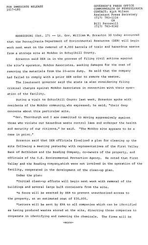 Lt. Governor Scranton: DER will remove toxic wastes from storage site in Schuylkill County