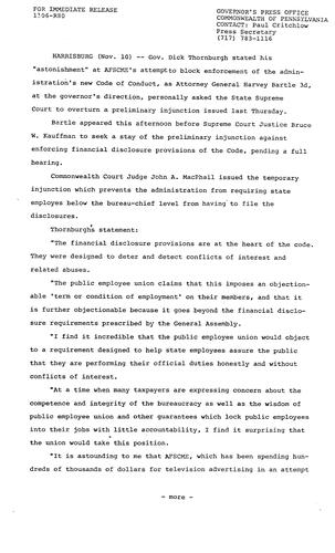 Directs Attorney General Harvey Bartle III to ask Supreme Court to stay preliminary injunction against enforcing financial disclosure of Code of Conduct by AFSCME
