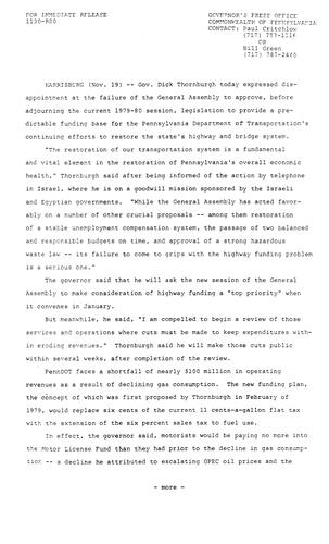 Expresses disappointment at General Assembly's failure to approve legislation for PennDOT funding base