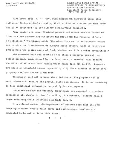 Older persons inflation needs (OPIN) Act permits distribution of inflation dividend checks from surplus State Lottery Funds