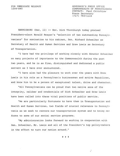 Praises President-elect Ronald Reagan's selection of Richard Schweiker and Drew Lewis for Cabinet nominations