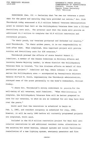 Federal and state aid to convert Neal Hall at Hollidaysburg Veterans Home into domiciliary care unit