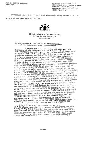 VETO: H.B. 763 amending "Real Estate Tax Sale Law" and amendment exempting Allegheny County from establishing County Tax Claim Bureau