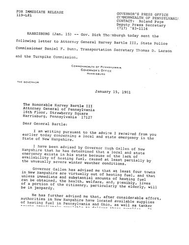 Letter to Attorney General Harvey Bartle, III, State Police Commission Daniel F. Dunn and Transportation Secretary Thomas Larson re. Local and state emergency in New Hampshire