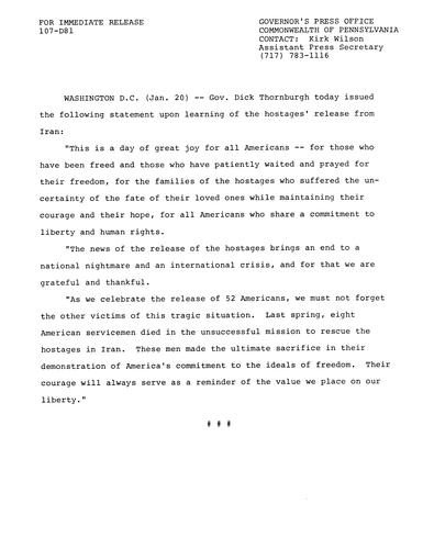 Hostages' release from Iran