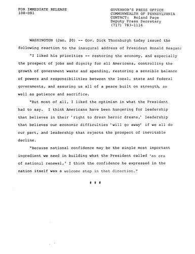 Reaction to President Ronald Reagan's Inaugural Address