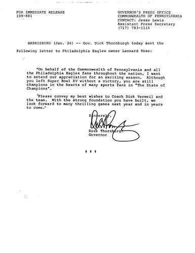 Letter to Philadelphia Eagles owner Leonard Tose
