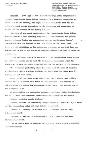 Congratulates new PA State Troopers in graduation ceremony