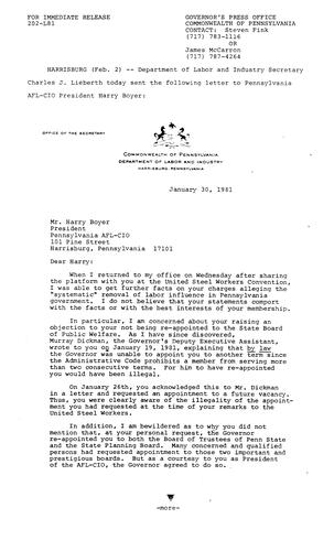 Labor and Industry Secretary Charles J. Lieberth letter to Harry Boyer President AFL-CIO