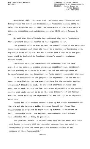 Asks EPA to delay implementation of State Vehicle and Inspection Program