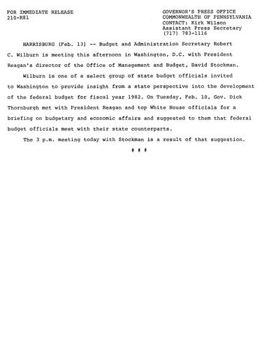 Secretary Robert Wilburn will meet with OMB Director David Stockman