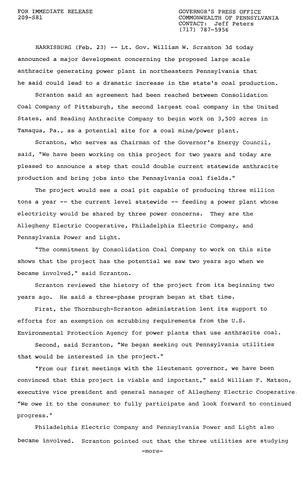 Lt. Governor Scranton: Proposed anthracite generating power plant in Northeastern PA