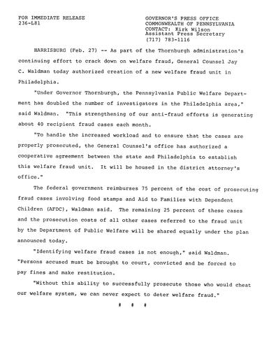 Jay C. Waldman authorizes creation of new welfare fraud unit in Philadelphia