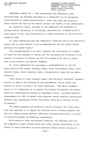 Accepts PA's Tax Commission's final report from Dr. Richard Cyert, Chairman