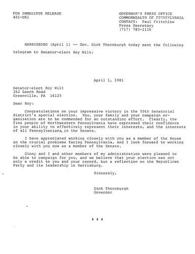 Telegram to Senator-elect Roy Wilt