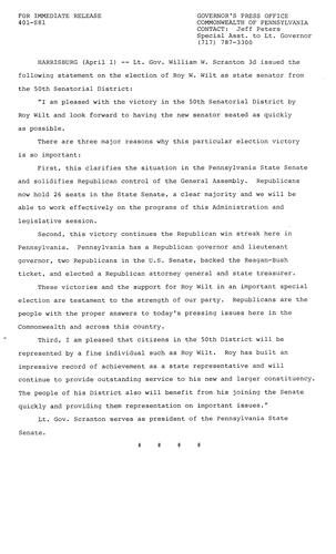 Lt. Governor Scranton: statement on election of Roy Wilt to Senate