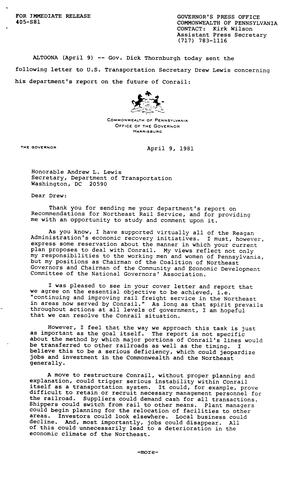 Letter to U.S. Transportation Secretary Drew Lewis re. future of Conrail